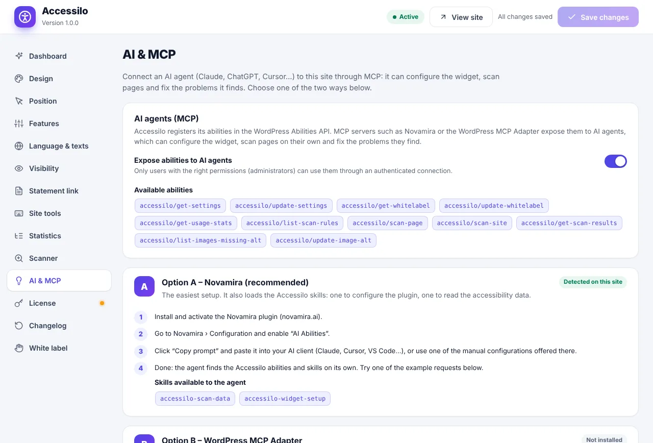 Accessilo AI & MCP screen listing the abilities and setup steps for AI agents