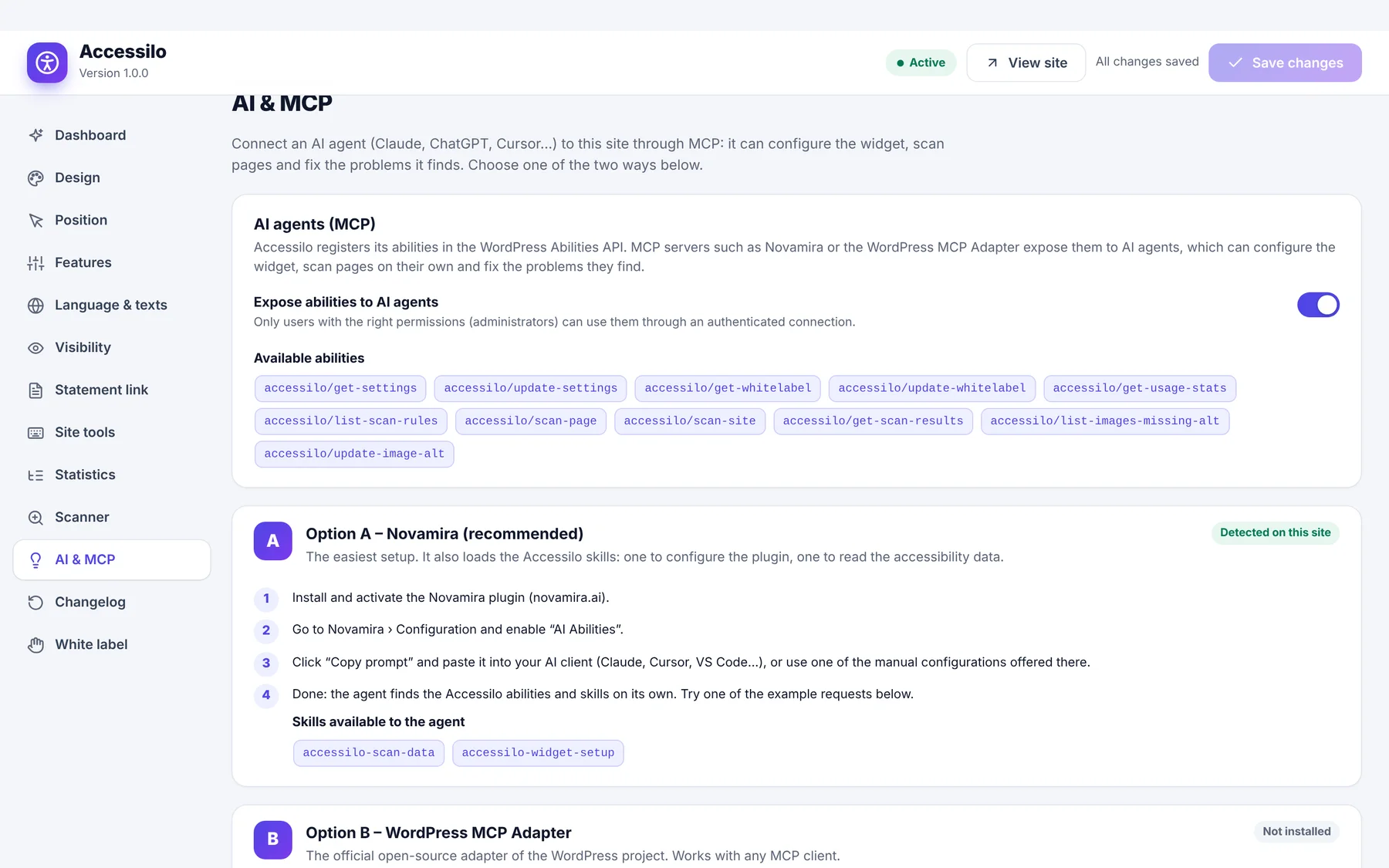 Accessilo AI and MCP settings listing the abilities exposed to AI agents