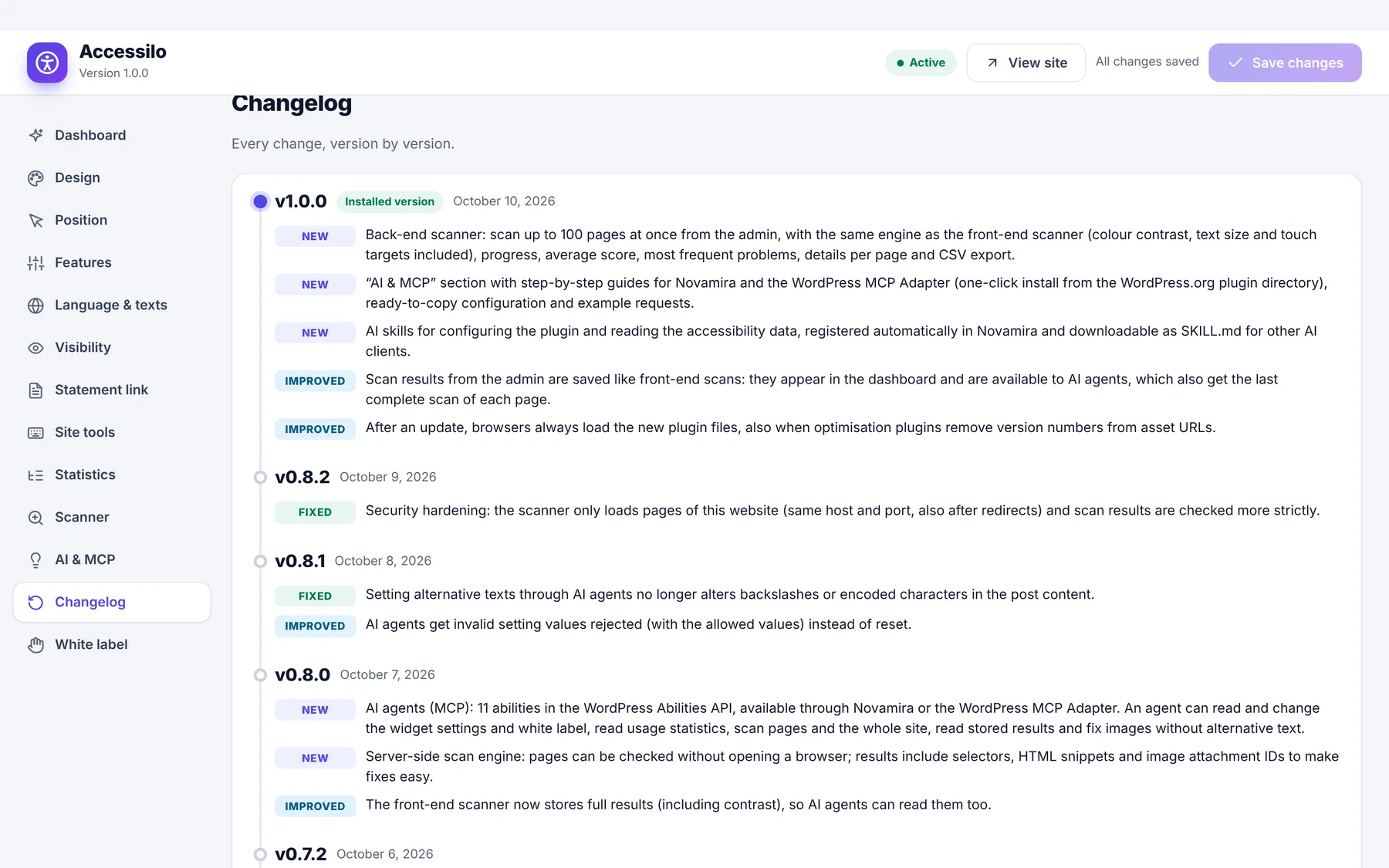 Accessilo changelog tab inside WordPress