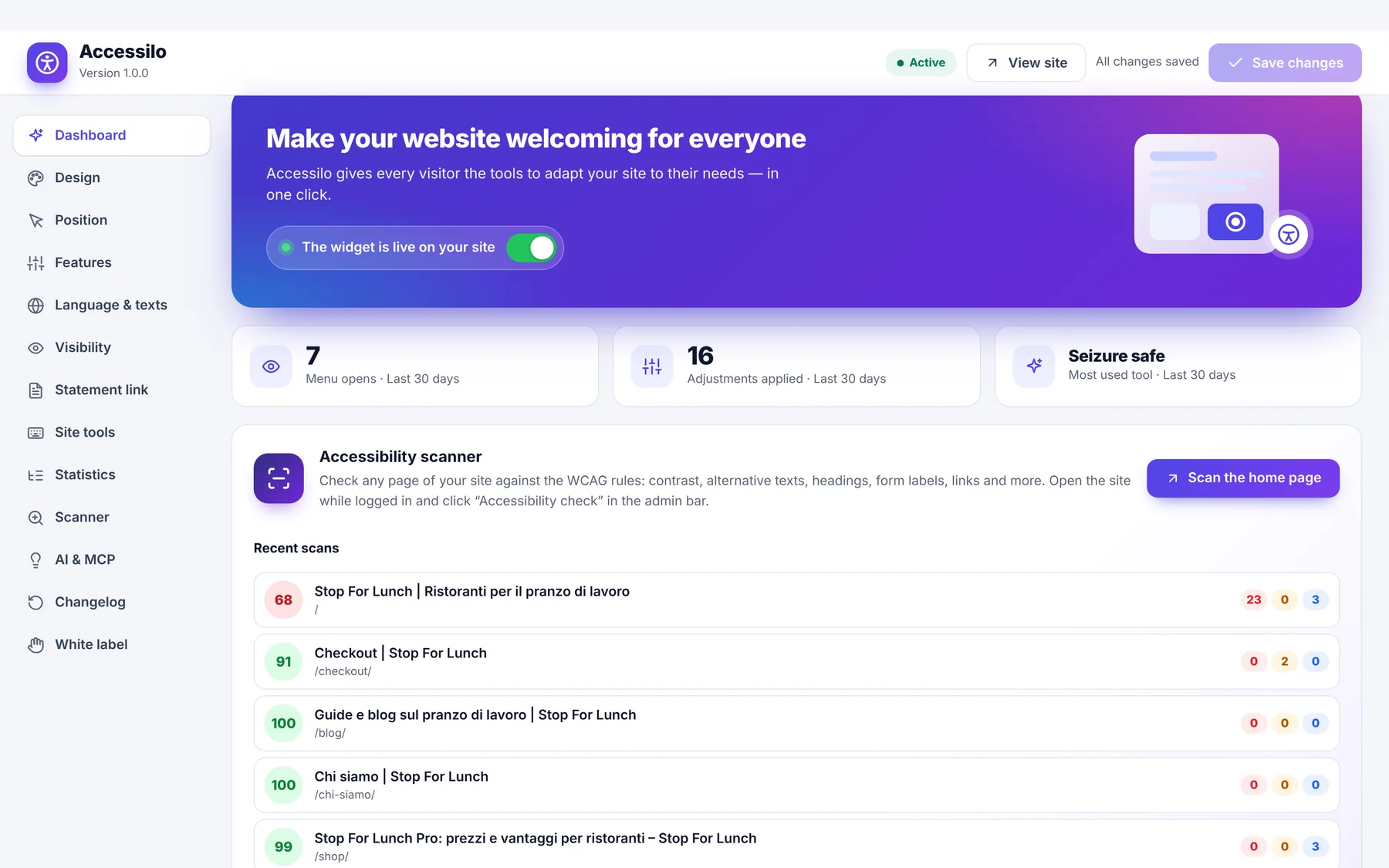 Accessilo dashboard with usage stats, recent accessibility scans and setup checklist