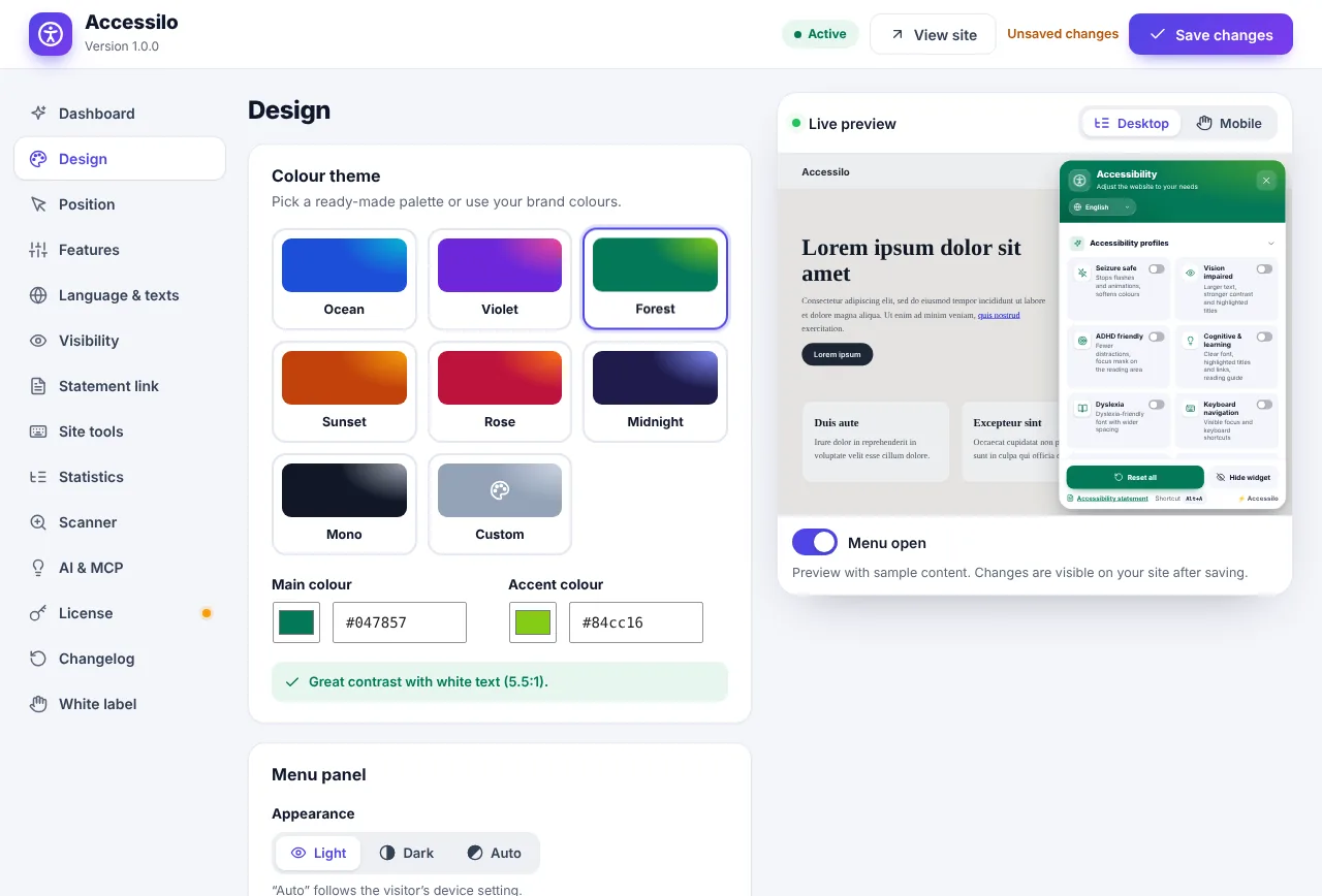 Accessilo design settings with the Forest colour preset and live preview of the menu