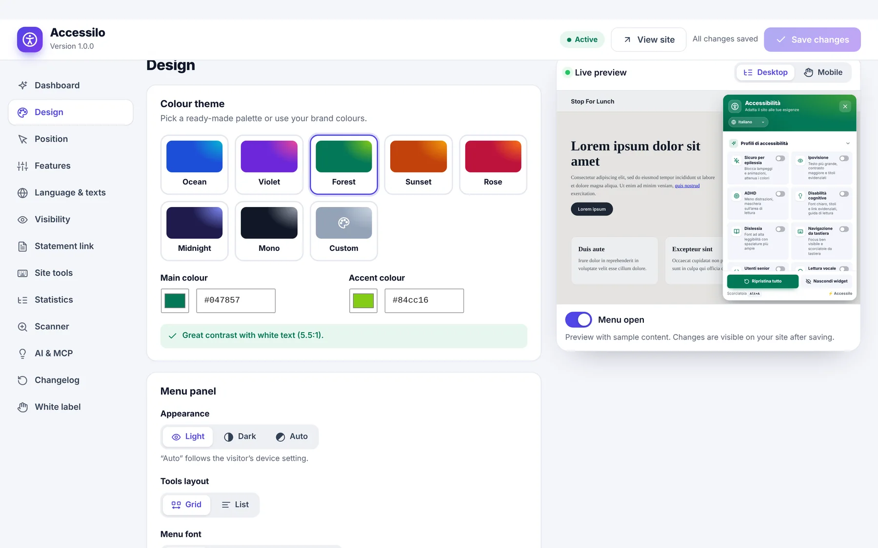 Accessilo design settings with colour presets and live preview of the accessibility menu