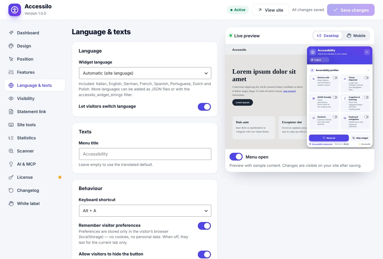 Accessilo Language & texts screen with widget language and language switcher