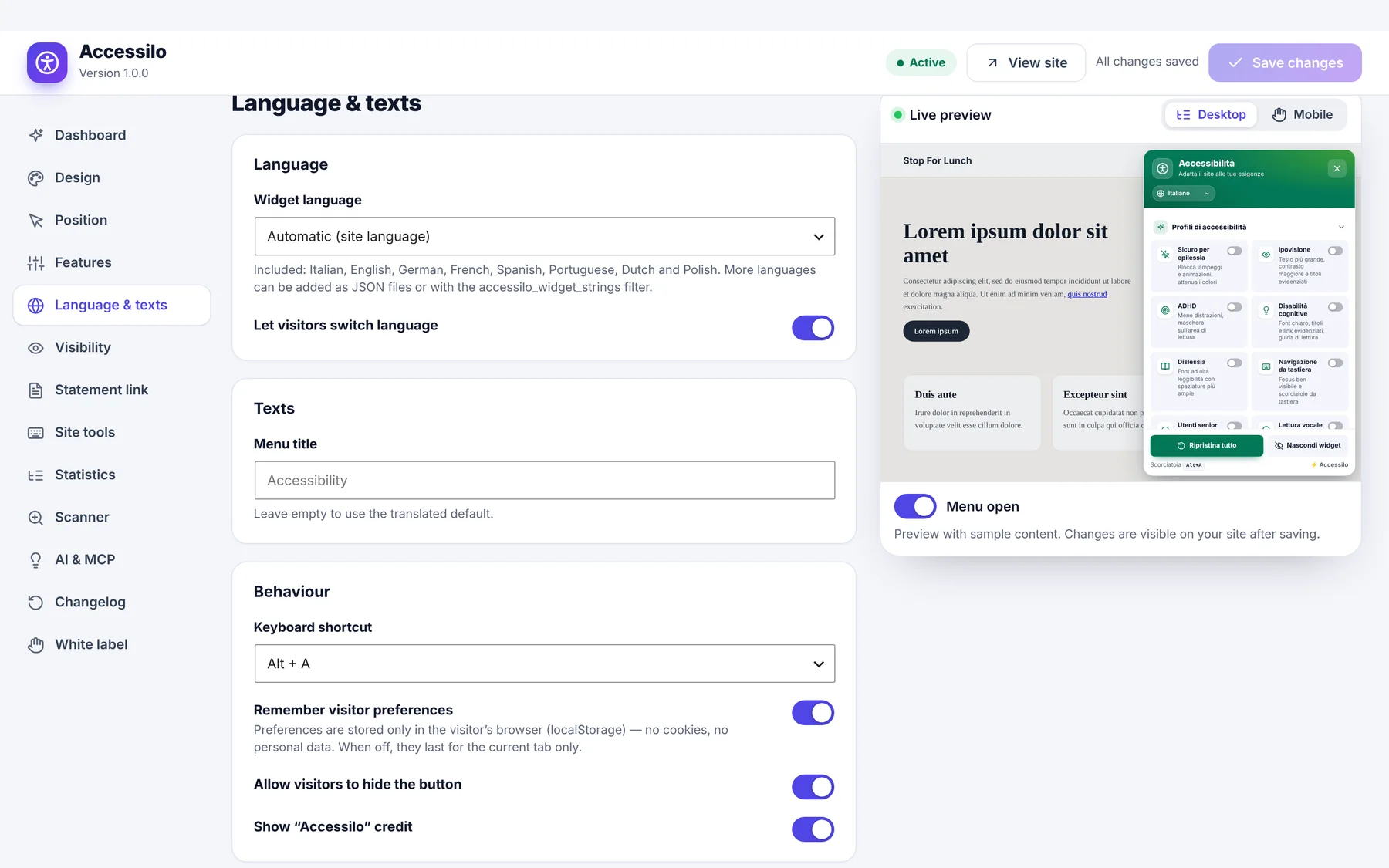 Accessilo language and text settings with widget language selector