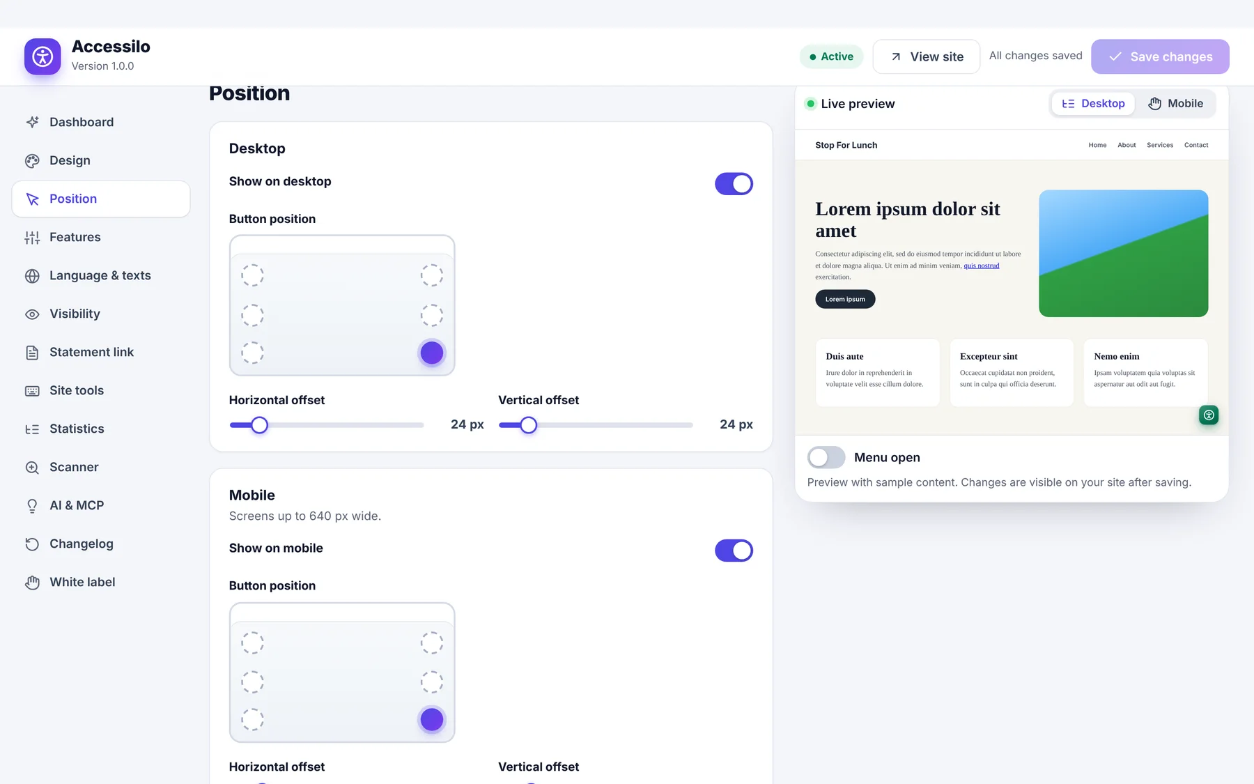 Accessilo position settings for desktop and mobile with live preview