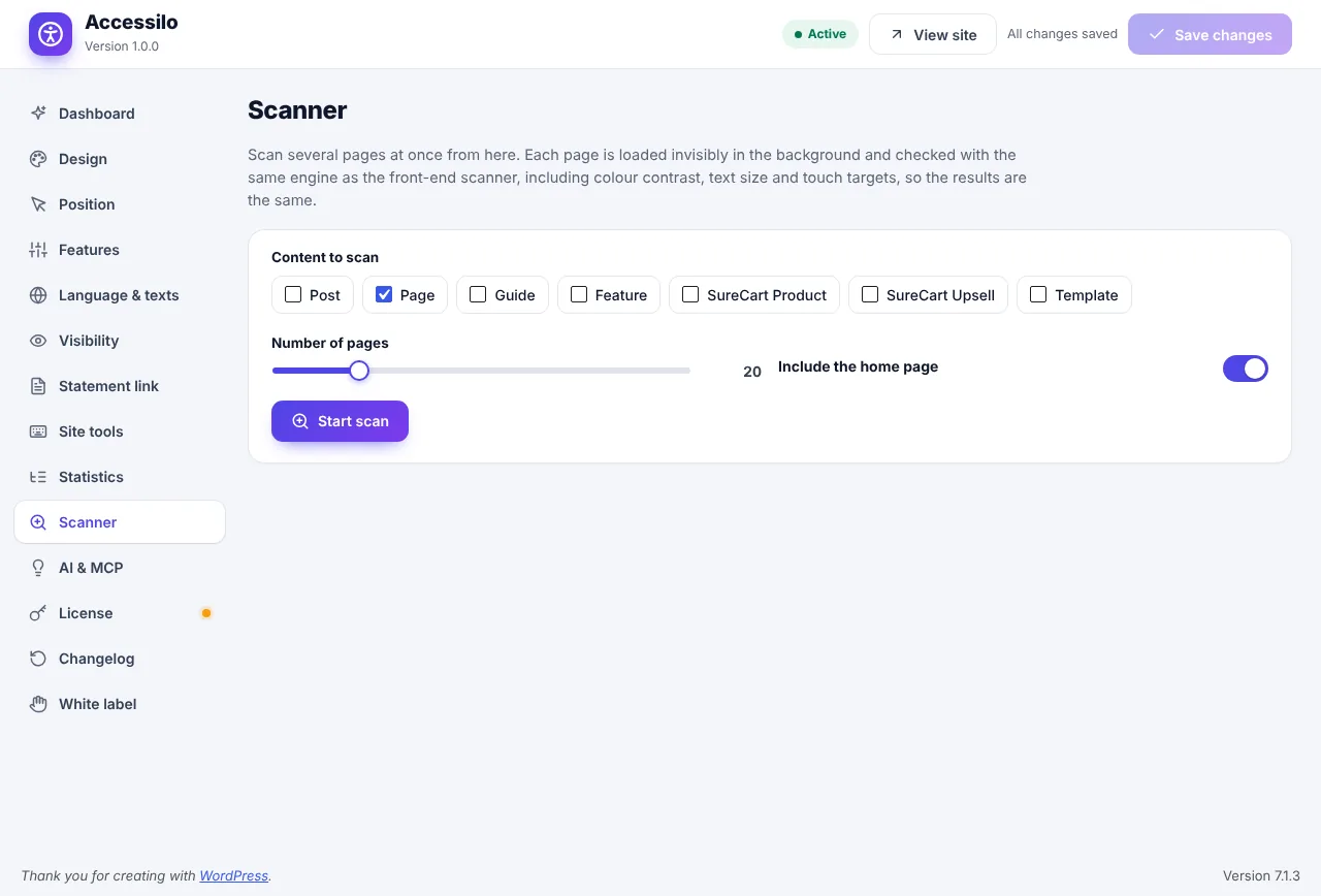Accessilo Scanner screen: choose content types and number of pages to scan