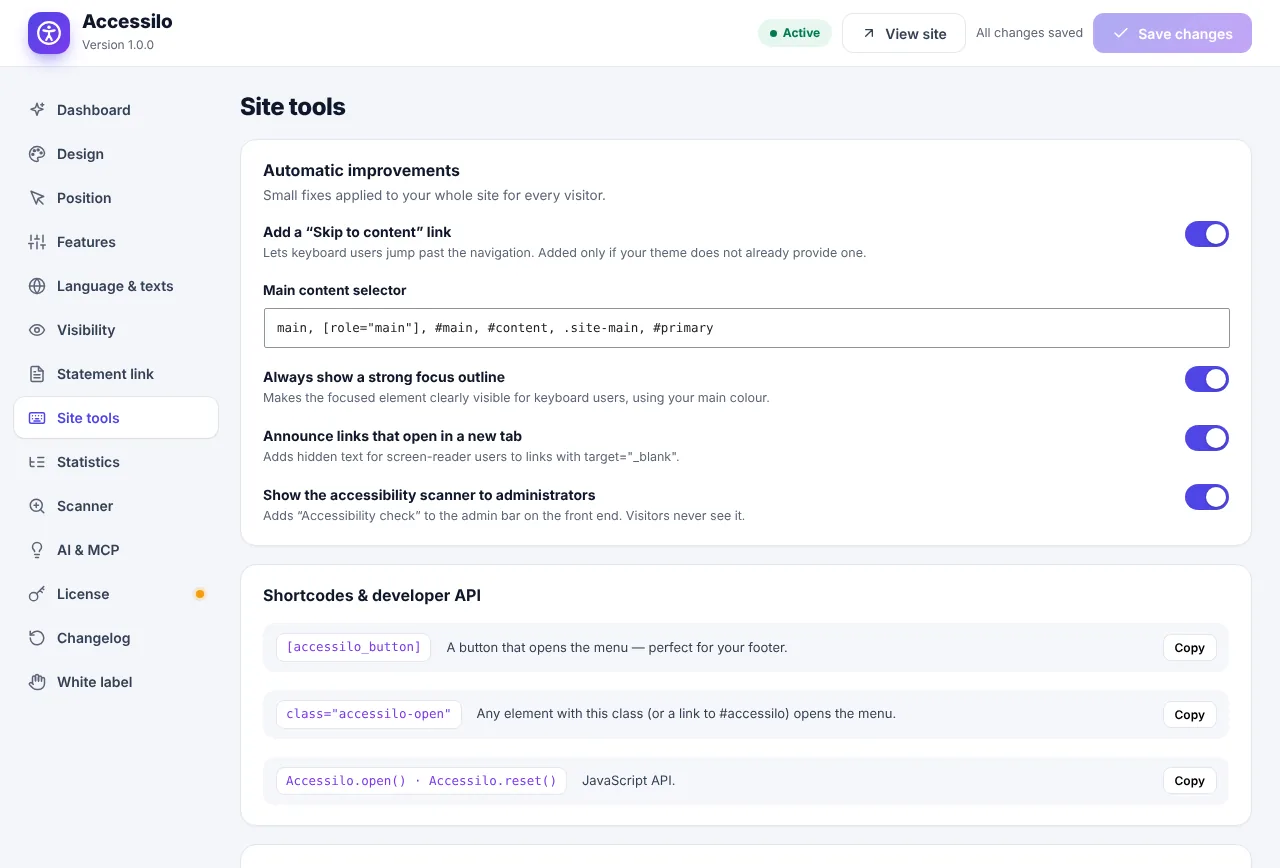 Accessilo Site tools: skip link, focus outline, new-tab announcements and developer shortcodes