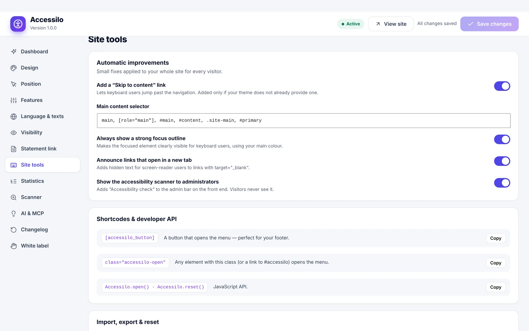 Accessilo site tools: skip link, focus outline, new-tab announcements and shortcodes