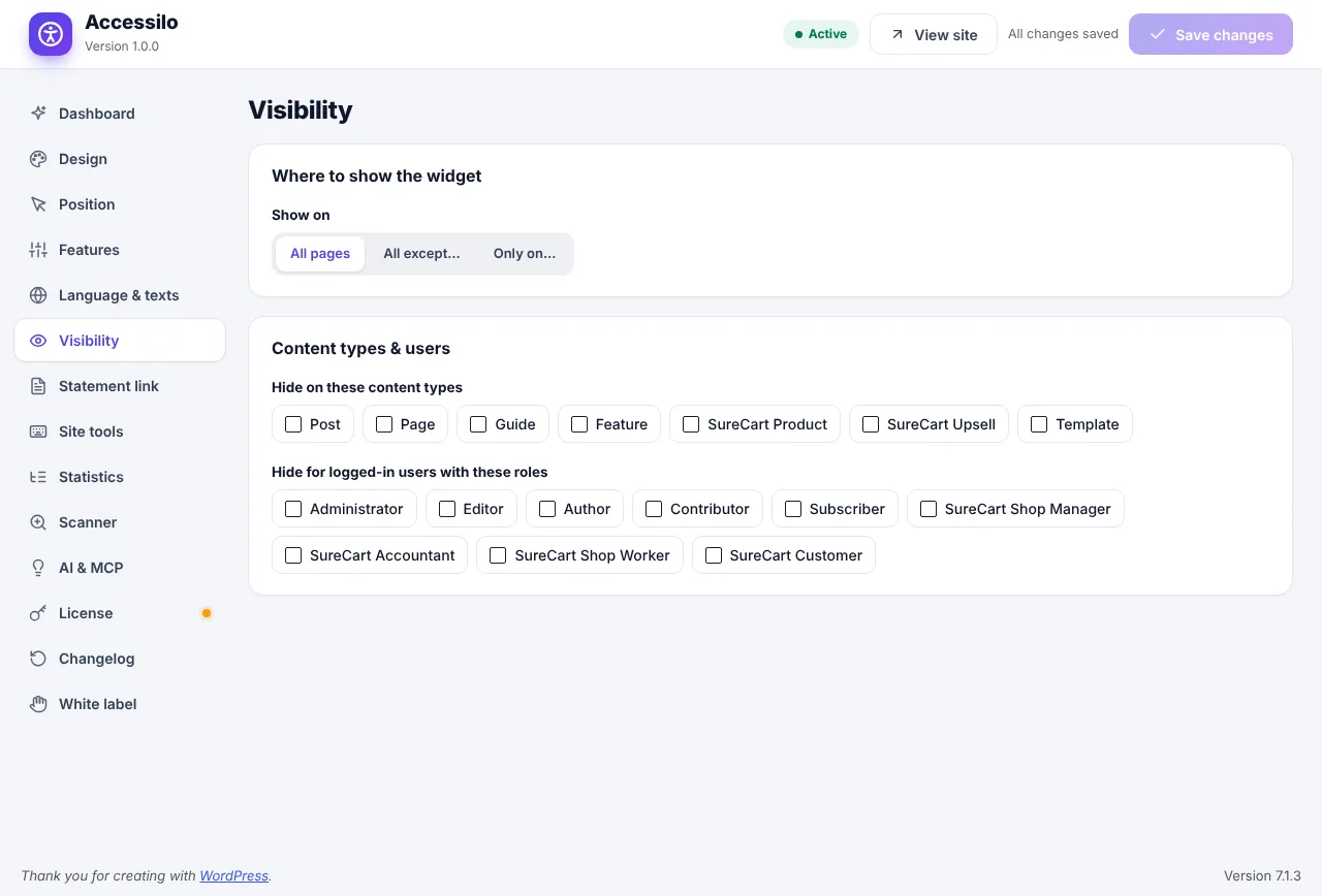 Accessilo visibility rules by page, content type and user role