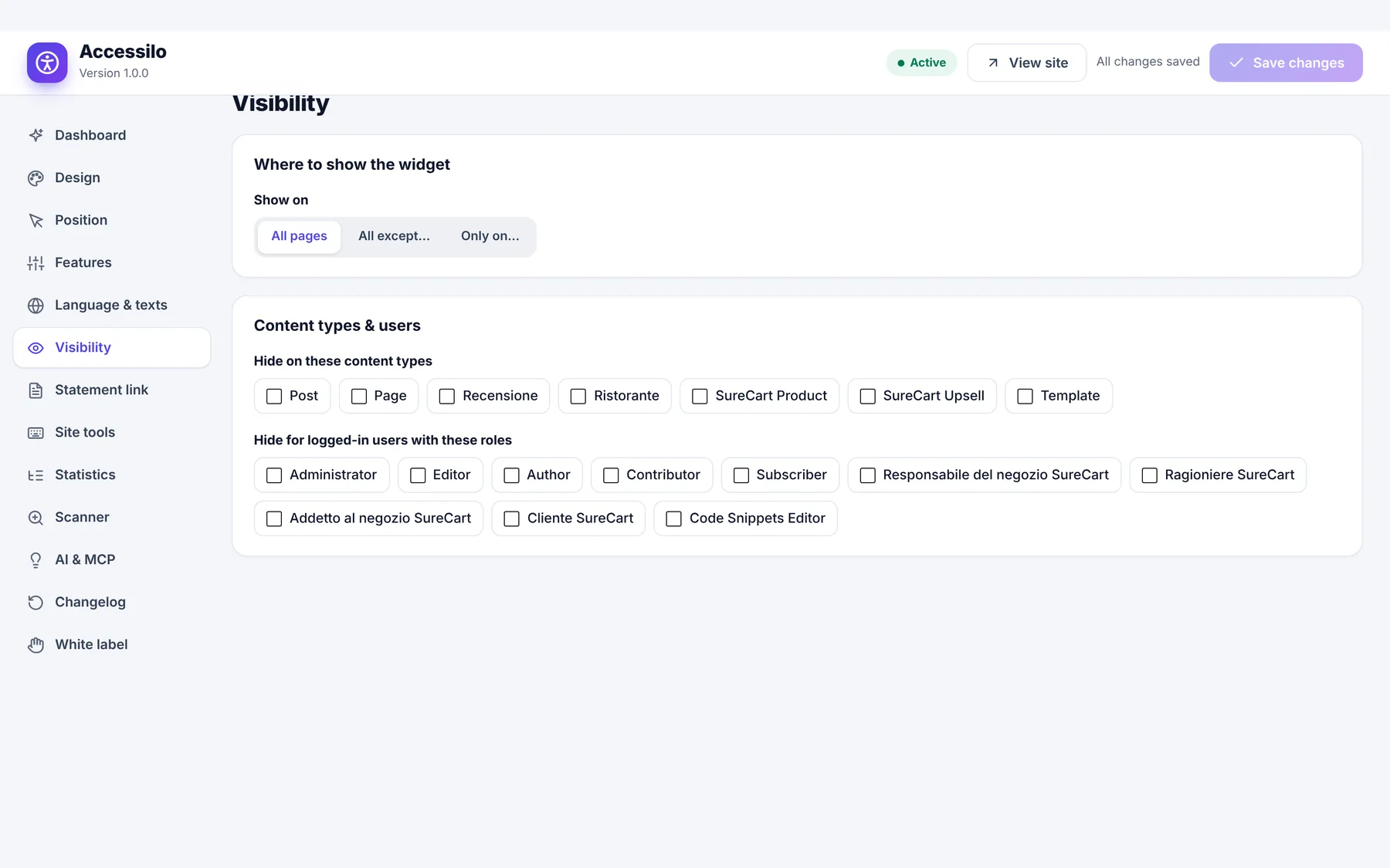 Accessilo visibility rules by page, content type and user role
