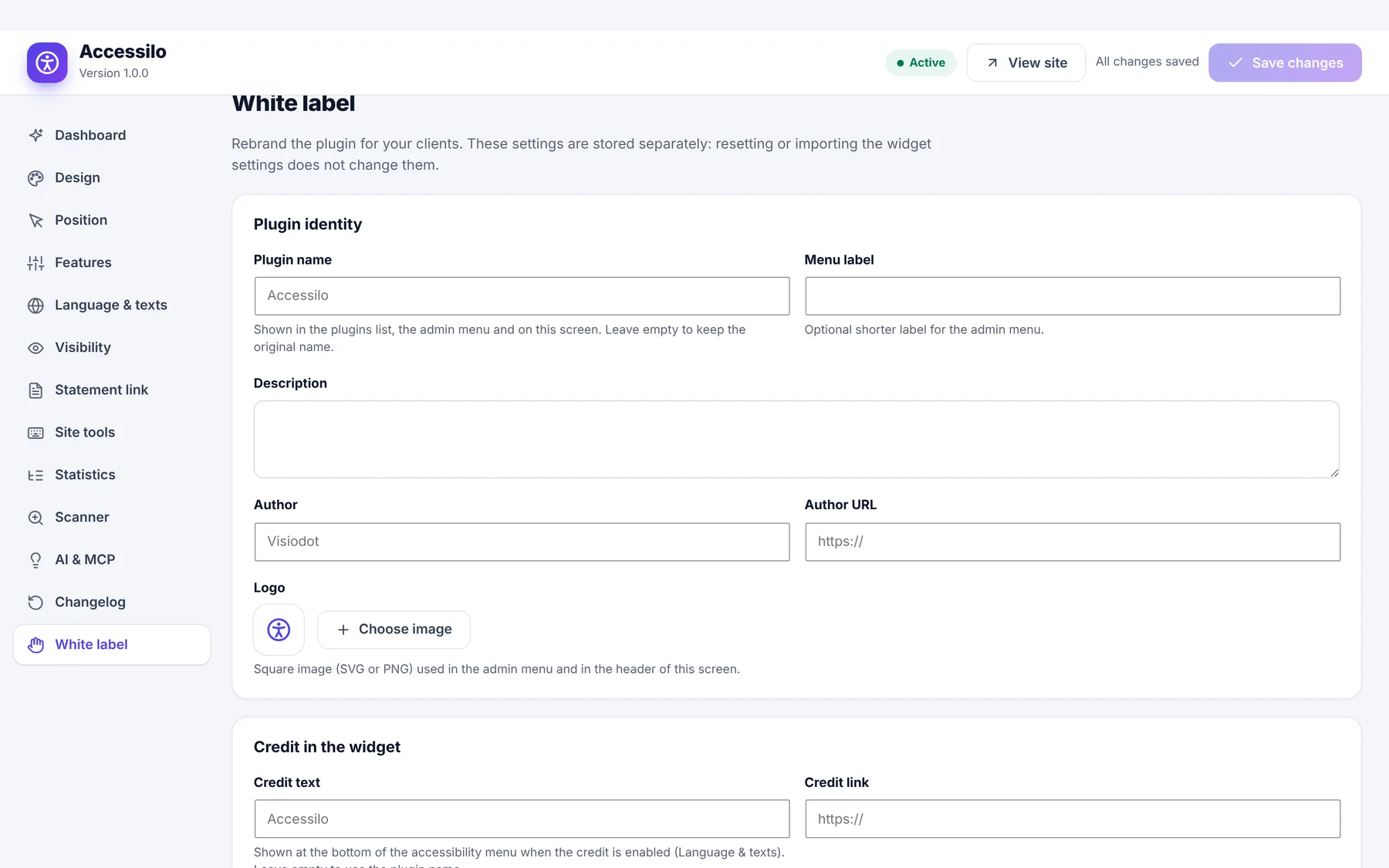 Accessilo white label settings: plugin name, author and logo