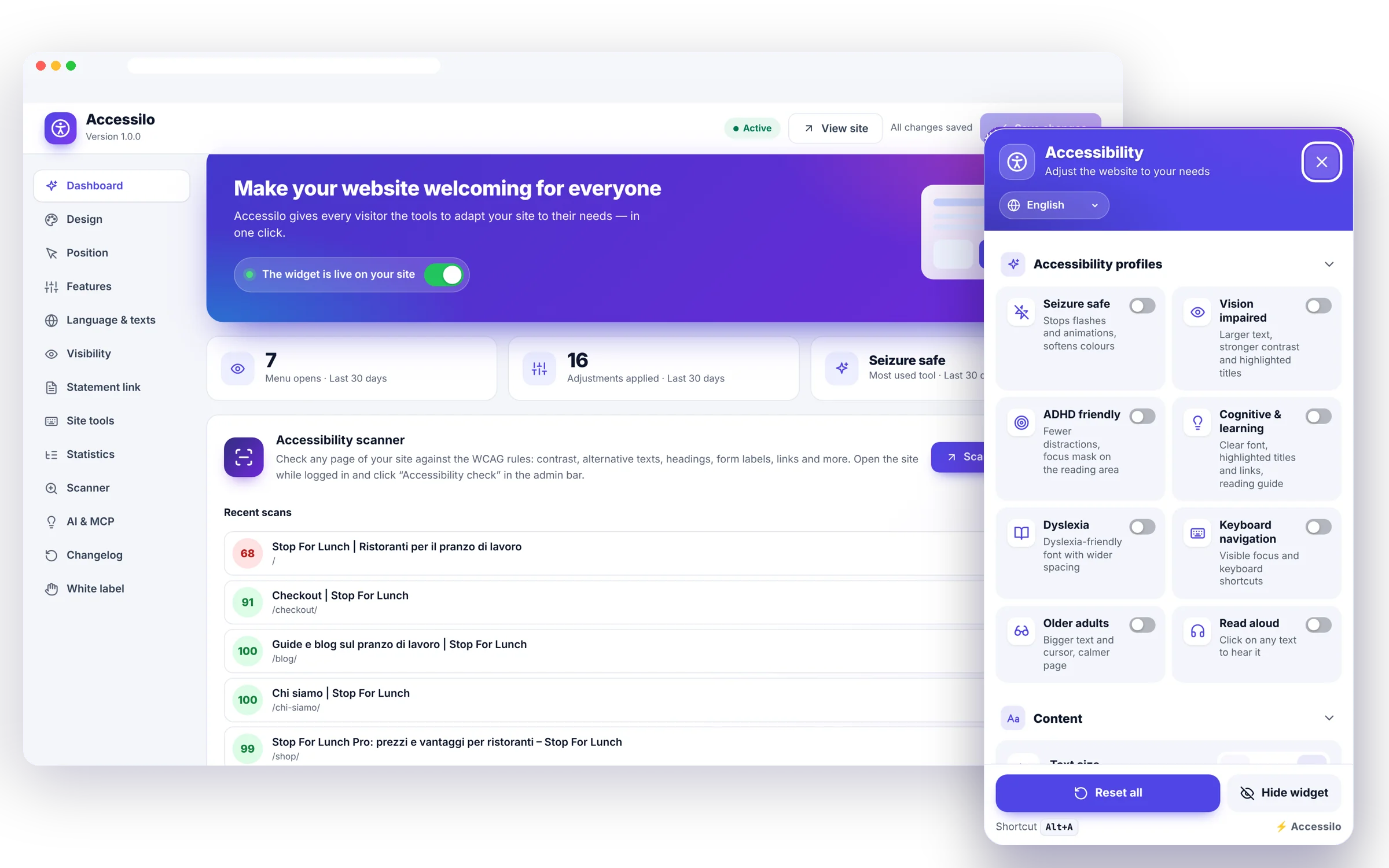 Accessilo admin dashboard with the accessibility menu open on top, showing the one-click profiles