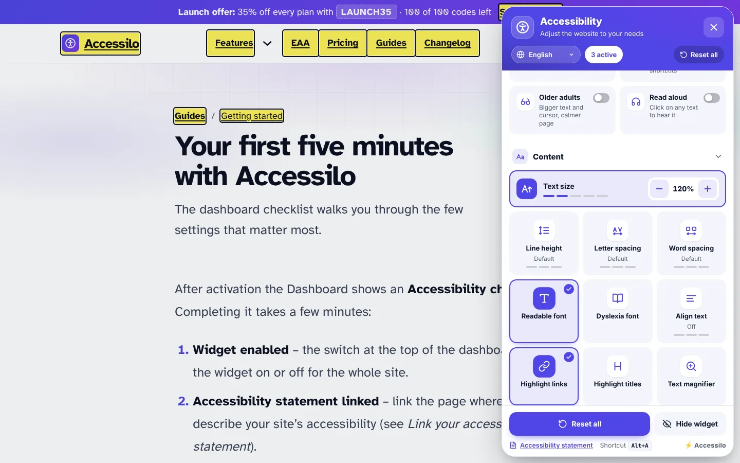 Accessibility menu, Content section: text size at 120%, readable font and highlight links turned on