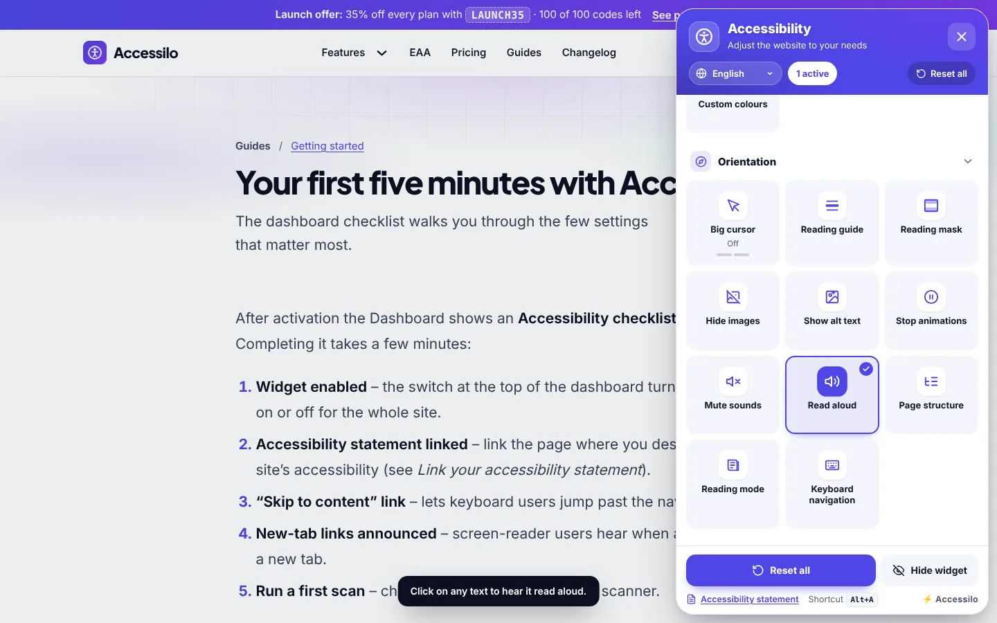 Accessibility menu, Orientation section with read aloud turned on