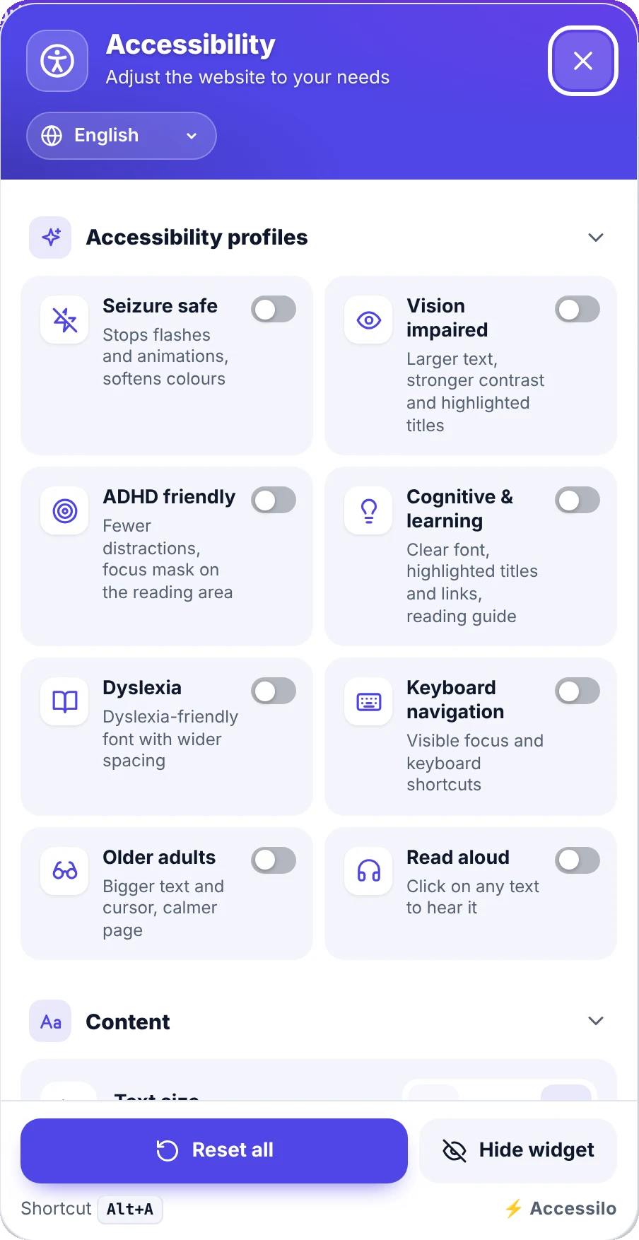 The Accessilo accessibility menu with eight one-click profiles