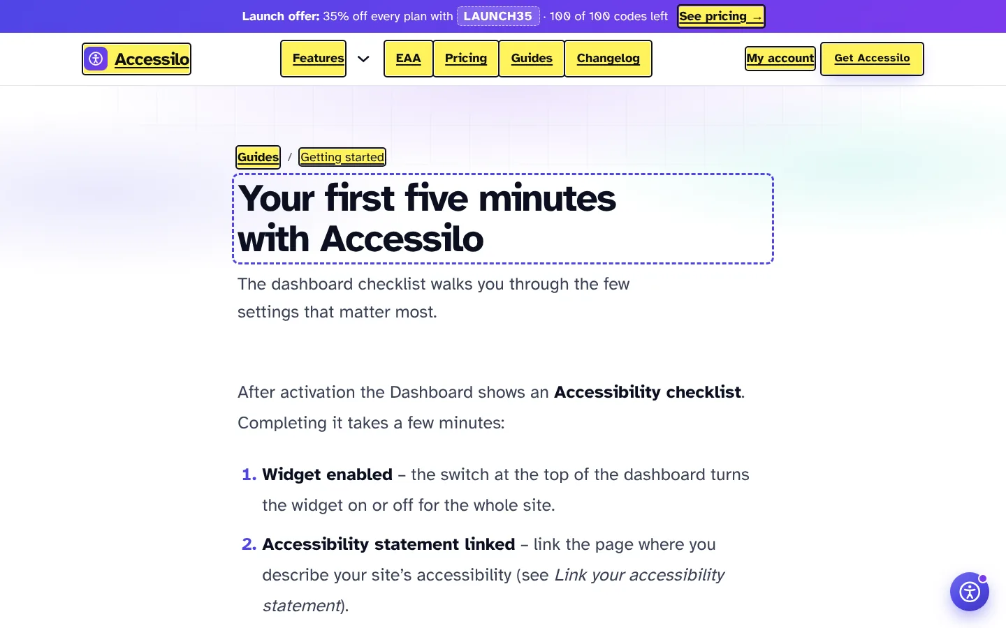 Guide page with the Vision impaired profile on: larger text and highlighted links and titles